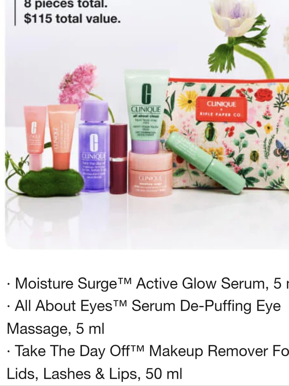 Clinique & Rifle Paper Skincare Set Floral Makeup Pouch Moisture Surge Mascara - Picture 2 of 10